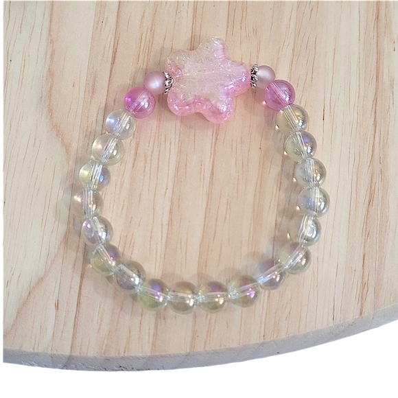 Hand Crafted Pink Star Beaded Bracelet Irridescent Glass Acrylic Stretch Size 7" - Picture 4 of 4